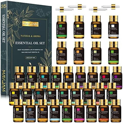 Coffret Cadeau de 28 Huiles Essentielles Naturelles Pures Massage Douche Diffuseur Huile d'Arôme Lavande Vanille Sauge Jasmin Rose Anti-Stress