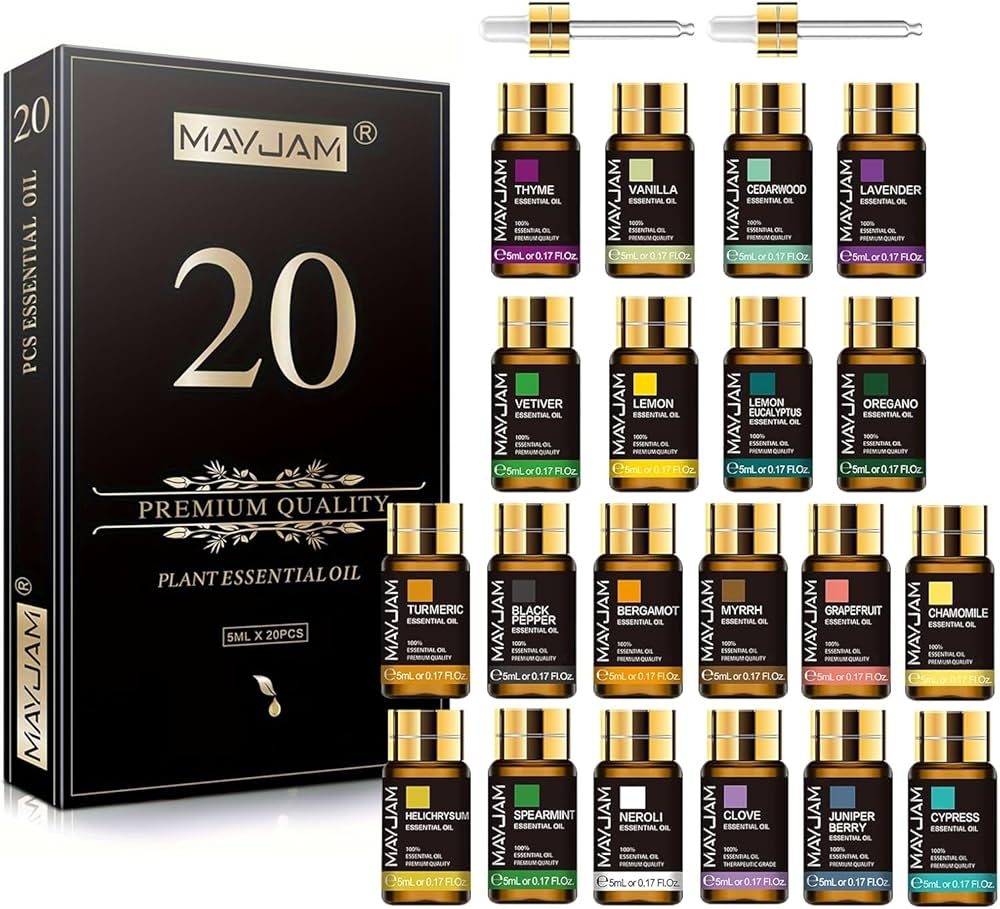 Coffret Cadeau de 28 Huiles Essentielles Naturelles Pures Massage Douche Diffuseur Huile d'Arôme Lavande Vanille Sauge Jasmin Rose Anti-Stress
