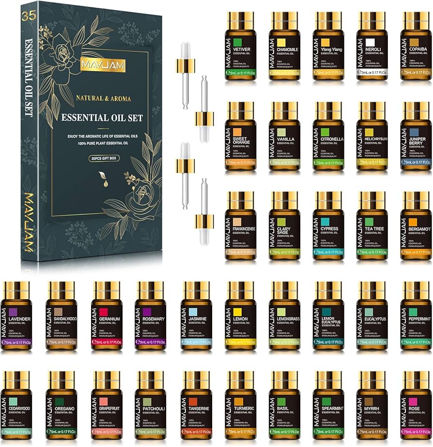 Coffret Cadeau de 28 Huiles Essentielles Naturelles Pures Massage Douche Diffuseur Huile d'Arôme Lavande Vanille Sauge Jasmin Rose Anti-Stress