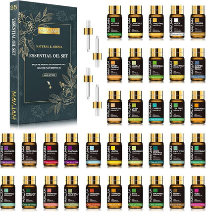 Coffret Cadeau de 28 Huiles Essentielles Naturelles Pures Massage Douche Diffuseur Huile d'Arôme Lavande Vanille Sauge Jasmin Rose Anti-Stress