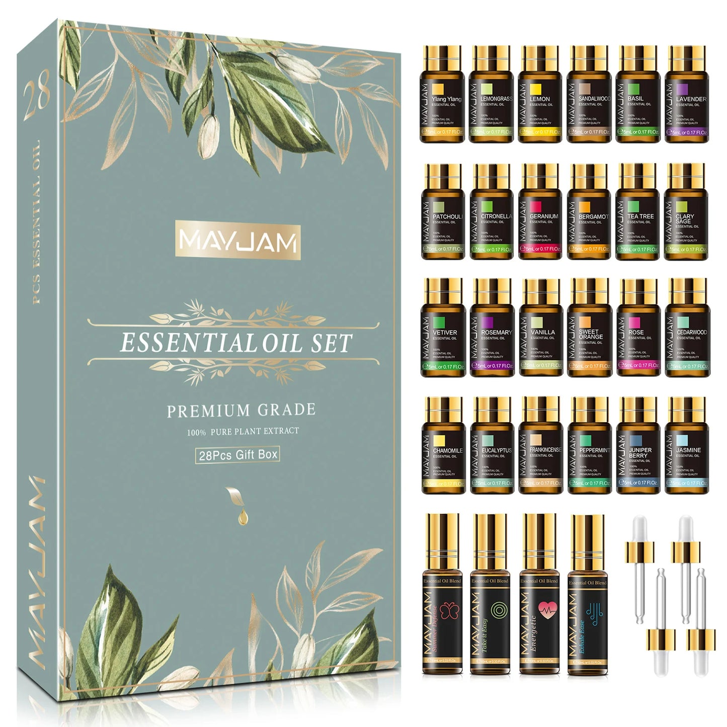 Coffret Cadeau de 28 Huiles Essentielles Naturelles Pures Massage Douche Diffuseur Huile d'Arôme Lavande Vanille Sauge Jasmin Rose Anti-Stress